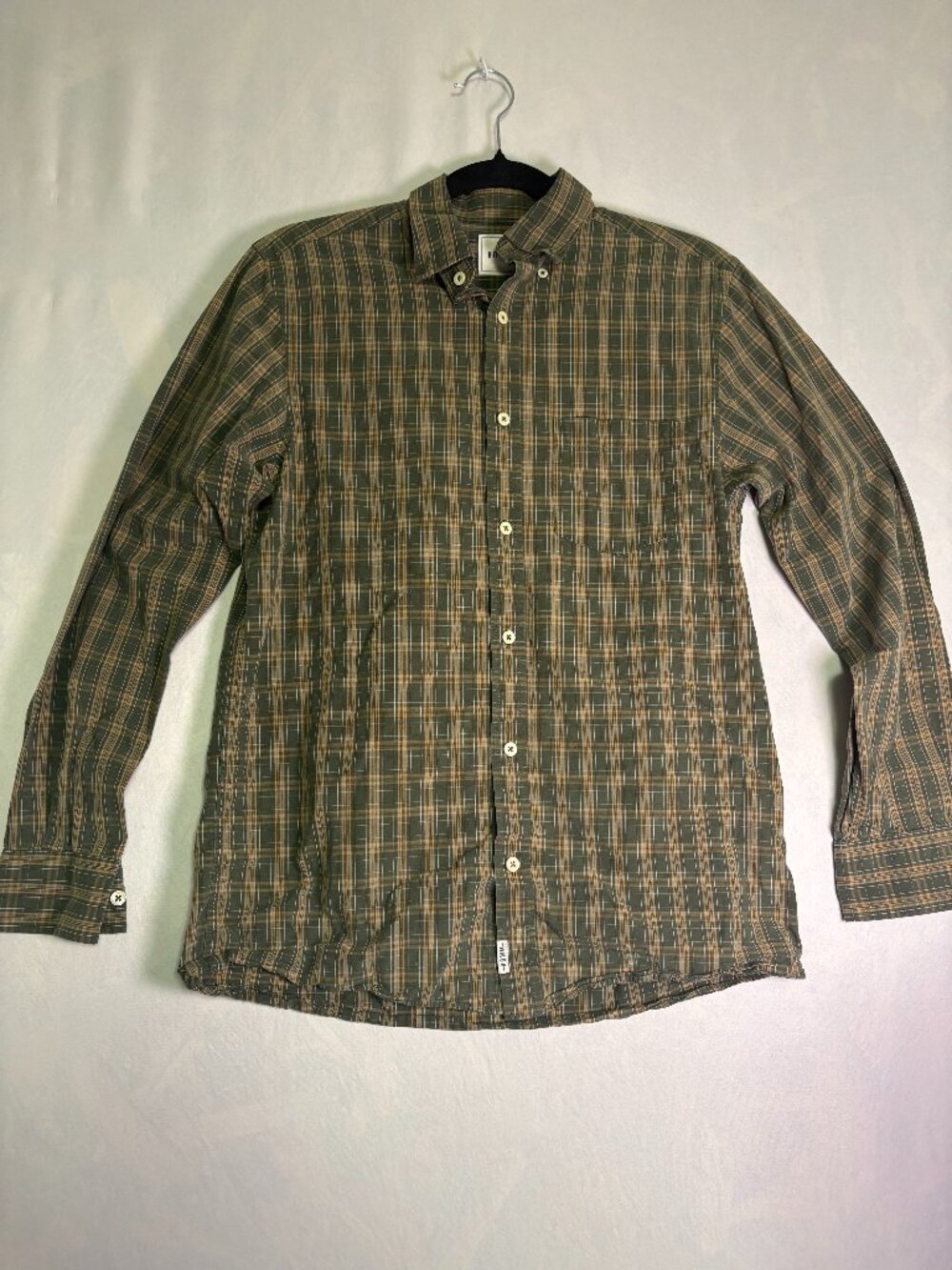 ROWN Men's Small Olive Green Brown Plaid Long Sleeve Button Down Shirt